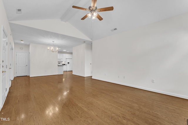 4622 Ludwell Branch Ct, Raleigh, NC 27612 - unfurnished living room featuring a chandelier, beamed ceiling, ceiling fan, wood finished floors, and high vaulted ceiling