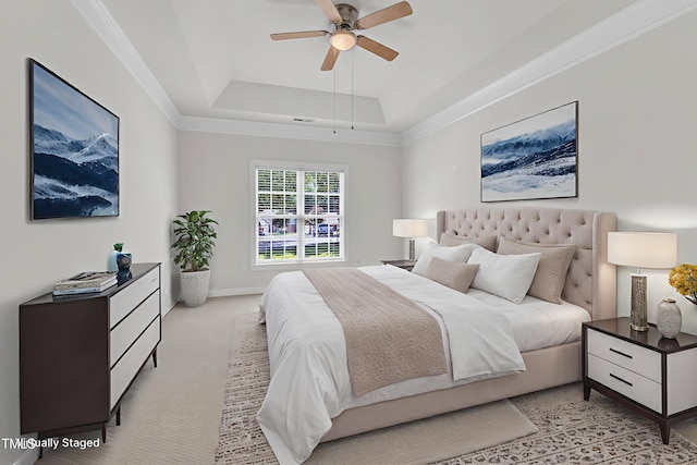 4622 Ludwell Branch Ct, Raleigh, NC 27612 - bedroom with a raised ceiling, light carpet, and a ceiling fan
