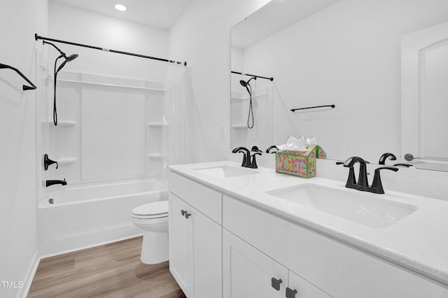 1505 Willow Landing Way, Willow Springs, NC 27592 - bathroom with shower / tub combo with curtain, double vanity, wood finished floors, and recessed lighting