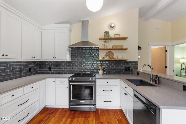 3213 Mid Pines Rd, Raleigh, NC 27606 - kitchen featuring wall chimney exhaust hood, stainless steel range, dishwashing machine, and decorative backsplash