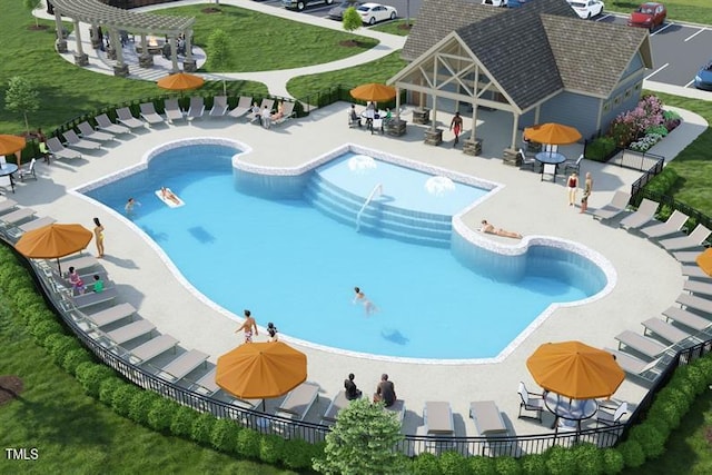 1437 Indigo Creek Dr, Zebulon, NC 27597 - community pool with a patio area, a pergola, and a lawn