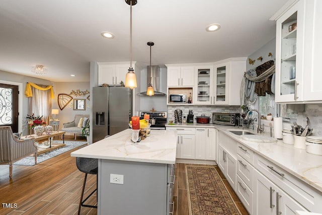 810 Grovemont Rd, Raleigh, NC 27603 - kitchen with stainless steel fridge with ice dispenser, range with electric cooktop, wall chimney exhaust hood, dark wood-style floors, and tasteful backsplash