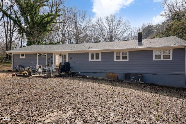 810 Grovemont Rd, Raleigh, NC 27603 - back of house featuring crawl space, a patio area, a chimney, and a shingled roof