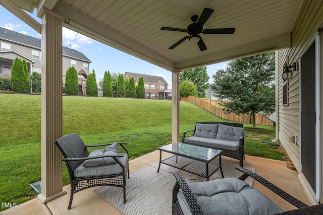 184 Elgin Ct, Burlington, NC 27215 - fenced backyard featuring outdoor lounge area, a patio area, and ceiling fan