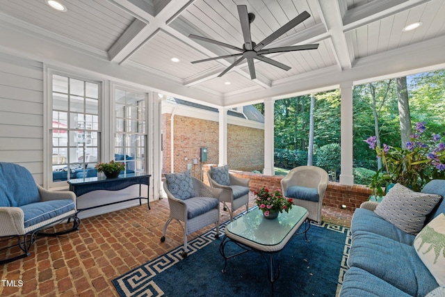 1105 Tazwell Pl, Raleigh, NC 27612 - sunroom with a ceiling fan, coffered ceiling, beam ceiling, brick floors, and recessed lighting