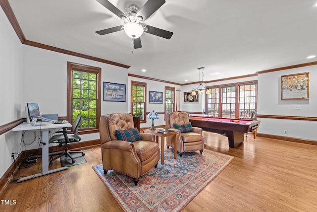 1105 Tazwell Pl, Raleigh, NC 27612 - playroom with ornamental molding, wood finished floors, pool table, a ceiling fan, and a desk
