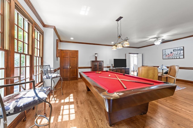 1105 Tazwell Pl, Raleigh, NC 27612 - recreation room featuring ornamental molding, light wood-style flooring, billiards, and a ceiling fan