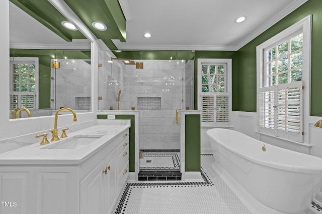 1105 Tazwell Pl, Raleigh, NC 27612 - bathroom with healthy amount of natural light, vanity, a freestanding bath, a shower stall, and recessed lighting