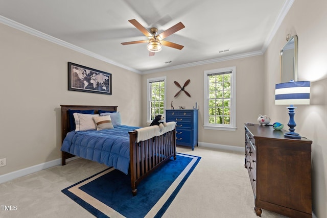 1105 Tazwell Pl, Raleigh, NC 27612 - bedroom featuring light colored carpet, crown molding, and a ceiling fan