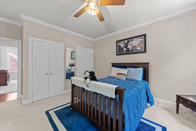 1105 Tazwell Pl, Raleigh, NC 27612 - bedroom with light colored carpet, crown molding, and a ceiling fan