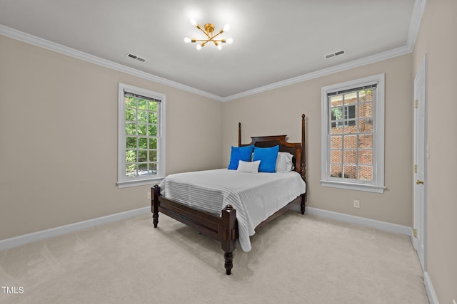 1105 Tazwell Pl, Raleigh, NC 27612 - bedroom featuring a chandelier, ornamental molding, and light carpet