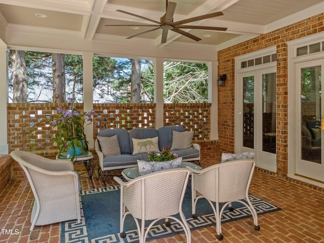 1105 Tazwell Pl, Raleigh, NC 27612 - sunroom / solarium with a ceiling fan, beam ceiling, coffered ceiling, and an outdoor hangout area