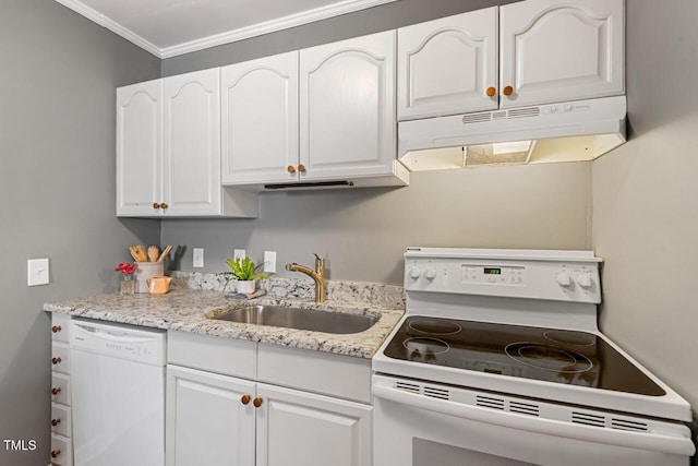 2504 State St, Durham, NC 27704 - kitchen with white appliances, under cabinet range hood, white cabinetry, crown molding, and light stone countertops
