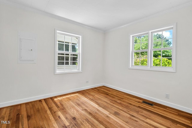2504 State St, Durham, NC 27704 - unfurnished room with electric panel, ornamental molding, and wood finished floors
