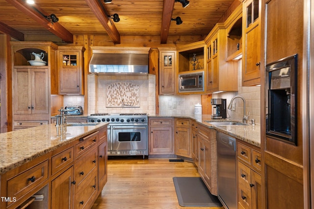 7239 Bulb Rd, Julian, NC 27283 - kitchen with appliances with stainless steel finishes, open shelves, range hood, a wood ceiling with exposed beams, and light wood-style flooring