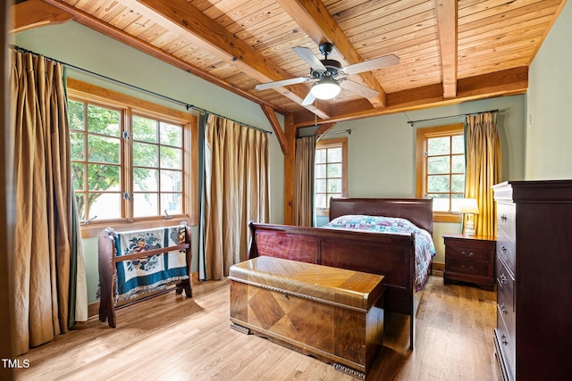 7239 Bulb Rd, Julian, NC 27283 - bedroom with a wood ceiling with exposed beams, wood finished floors, and a ceiling fan
