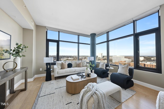 122 N Harrington St Unit 1025, Raleigh, NC 27603 - living room featuring a wall of windows and light wood-style floors