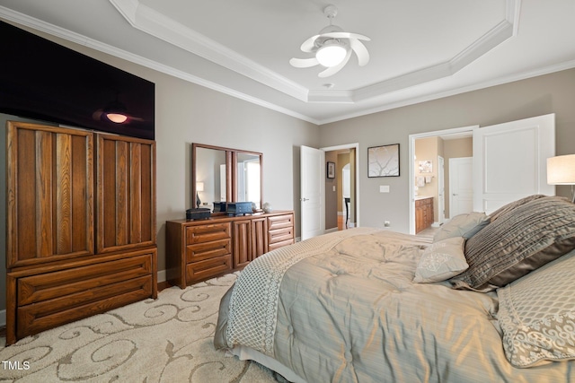 621 Aylestone Dr, Cary, NC 27519 - bedroom with a raised ceiling, ornamental molding, ensuite bathroom, and ceiling fan