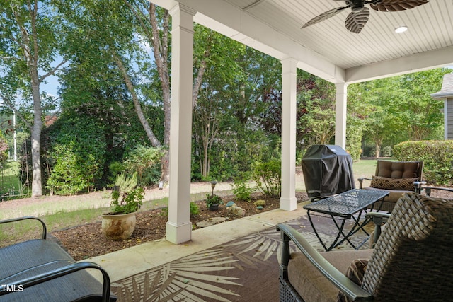 621 Aylestone Dr, Cary, NC 27519 - view of patio with a grill, a ceiling fan, and view of scattered trees