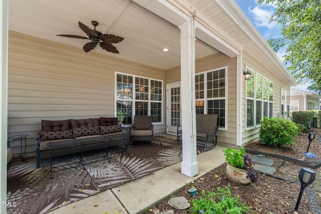 621 Aylestone Dr, Cary, NC 27519 - view of patio / terrace with an outdoor living space and a ceiling fan