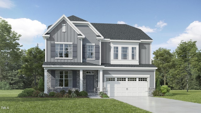 1516 Wader Cir, Knightdale, NC 27545 - view of front facade with board and batten siding, driveway, a front yard, and an attached garage