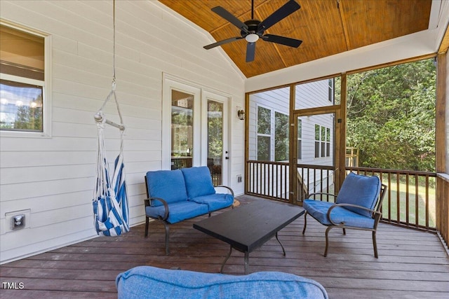 1809 Bowling Rd, Fuquay Varina, NC 27526 - sunroom / solarium with ceiling fan, vaulted ceiling, an outdoor hangout area, and plenty of natural light