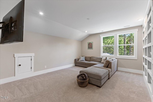 1809 Bowling Rd, Fuquay Varina, NC 27526 - living room featuring carpet, lofted ceiling, and recessed lighting
