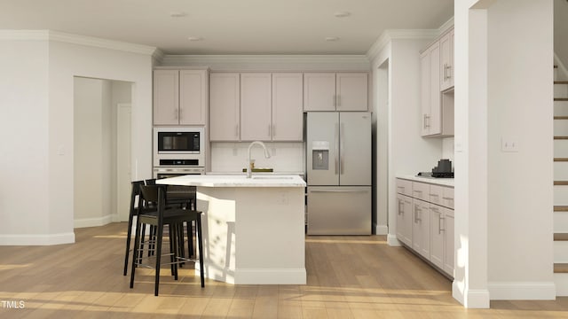 1508 Wader Cir, Knightdale, NC 27545 - kitchen featuring white refrigerator with ice dispenser, black microwave, light wood-style floors, backsplash, and ornamental molding