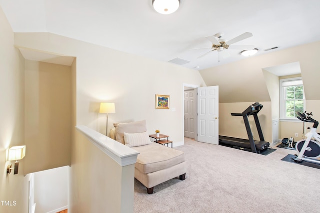 4309 Omni Pl, Raleigh, NC 27613 - workout area featuring lofted ceiling, ceiling fan, and carpet floors
