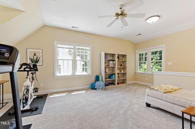 4309 Omni Pl, Raleigh, NC 27613 - workout room featuring carpet, vaulted ceiling, and ceiling fan