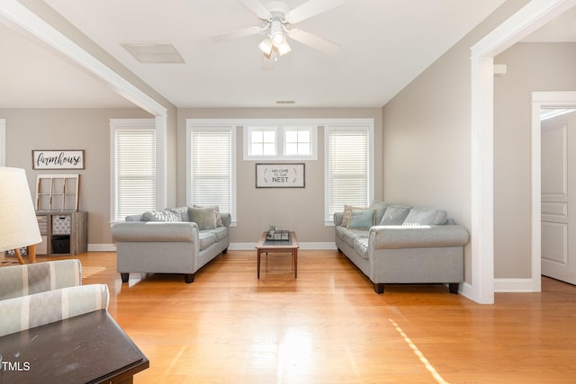 605 Bellefont Ct, Knightdale, NC 27545 - living area featuring a ceiling fan and light wood-style flooring