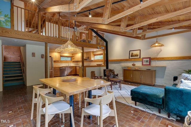 1320 Shepherd St, Durham, NC 27707 - dining area with a wood ceiling with exposed beams, stairway, brick floors, and high vaulted ceiling