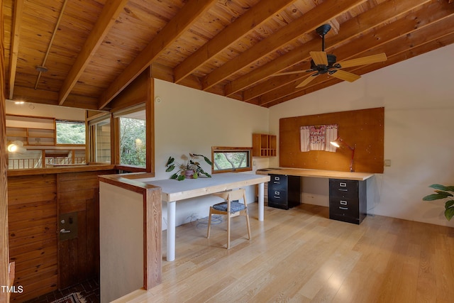 1320 Shepherd St, Durham, NC 27707 - office space featuring ceiling fan, light wood-style floors, a wood ceiling with exposed beams, and high vaulted ceiling