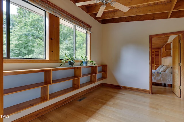 1320 Shepherd St, Durham, NC 27707 - unfurnished room featuring beam ceiling, light wood-type flooring, and a ceiling fan