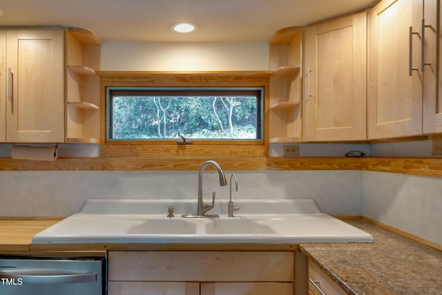 1320 Shepherd St, Durham, NC 27707 - kitchen featuring open shelves, dishwasher, and light brown cabinetry
