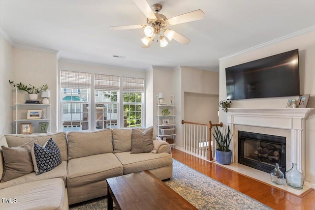 4533 Pale Moss Dr, Raleigh, NC 27606 - living area featuring ceiling fan, wood finished floors, crown molding, and a fireplace with flush hearth
