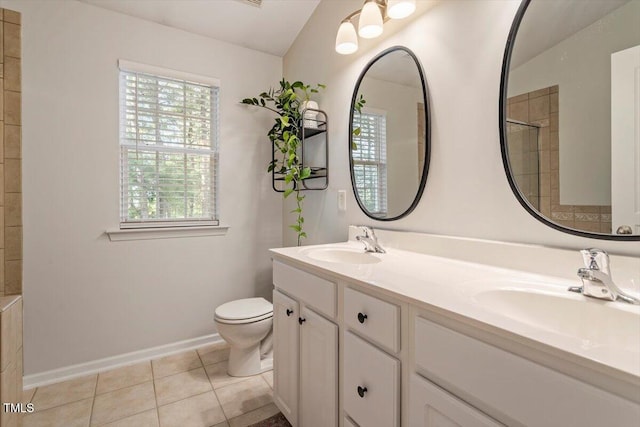 4533 Pale Moss Dr, Raleigh, NC 27606 - full bath with double vanity, tile patterned flooring, a shower, and vaulted ceiling