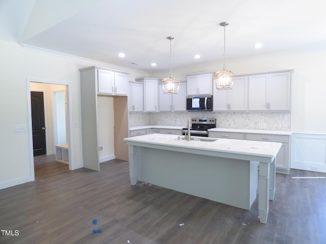 776 Shadetree Rd, Benson, NC 27504 - kitchen with stainless steel electric stove, an island with sink, decorative backsplash, dark wood-type flooring, and ornamental molding