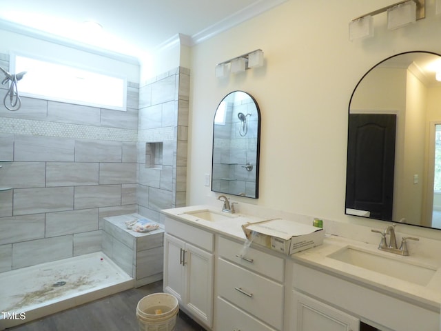 776 Shadetree Rd, Benson, NC 27504 - full bath featuring double vanity, crown molding, wood finished floors, and tiled shower