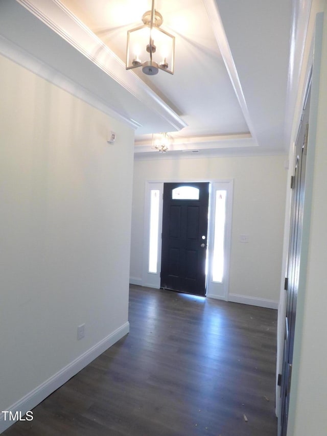 776 Shadetree Rd, Benson, NC 27504 - foyer entrance with a chandelier, dark wood-type flooring, and a tray ceiling