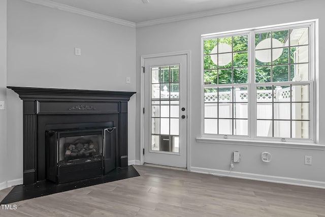 4536 Sugarbend Way, Raleigh, NC 27606 - unfurnished living room featuring wood finished floors, ornamental molding, and a fireplace with flush hearth