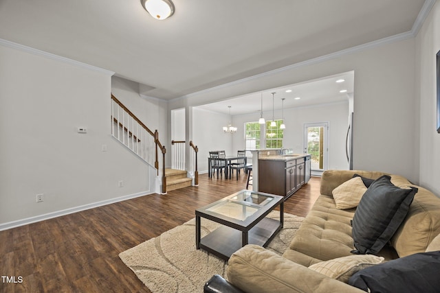 3810 Prince Noah Loop, Wake Forest, NC 27587 - living room featuring stairs, a chandelier, dark wood finished floors, ornamental molding, and recessed lighting