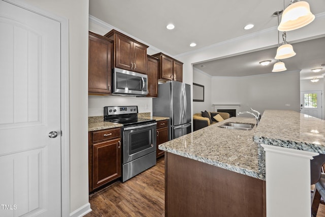 3810 Prince Noah Loop, Wake Forest, NC 27587 - kitchen featuring appliances with stainless steel finishes, ornamental molding, dark wood-style flooring, dark brown cabinets, and pendant lighting