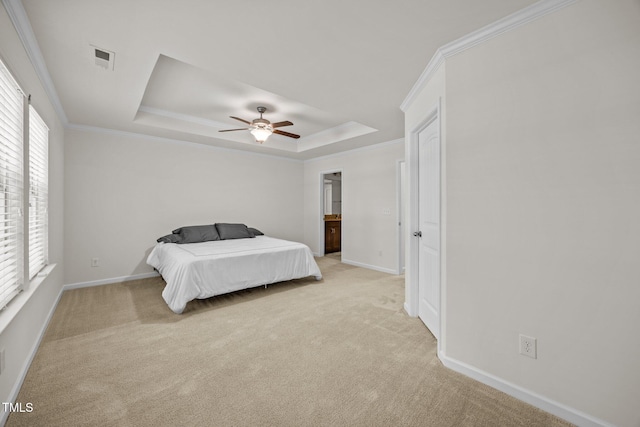 3810 Prince Noah Loop, Wake Forest, NC 27587 - bedroom featuring a tray ceiling, light colored carpet, ornamental molding, and ceiling fan