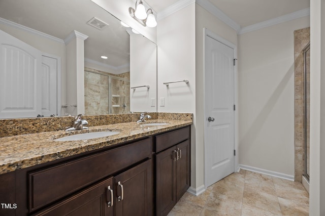 3810 Prince Noah Loop, Wake Forest, NC 27587 - bathroom featuring a shower stall, double vanity, and ornamental molding