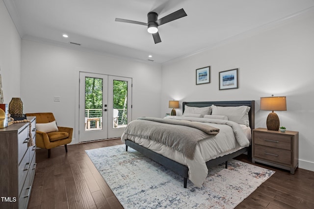 1317 Fay St, Durham, NC 27701 - bedroom with access to exterior, crown molding, dark wood-type flooring, french doors, and recessed lighting