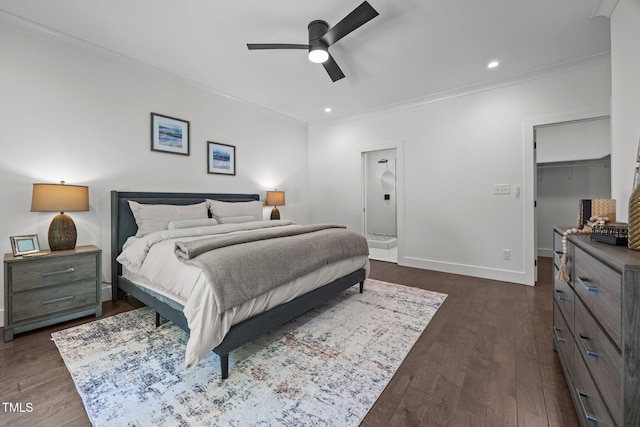 1317 Fay St, Durham, NC 27701 - bedroom featuring ornamental molding, dark wood-style flooring, a spacious closet, ceiling fan, and recessed lighting