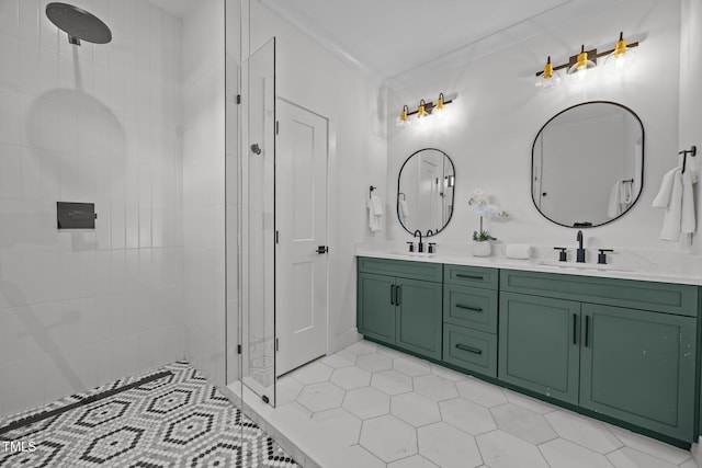 1317 Fay St, Durham, NC 27701 - bathroom with double vanity, tiled shower, and tile patterned floors