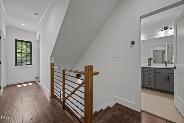 1317 Fay St, Durham, NC 27701 - corridor featuring an upstairs landing, crown molding, and dark wood-style floors