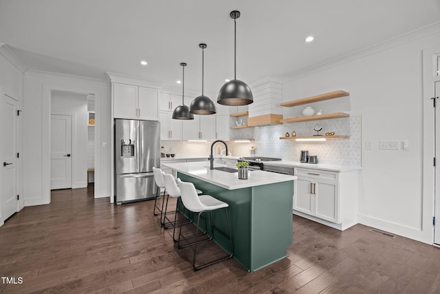 1317 Fay St, Durham, NC 27701 - kitchen featuring stainless steel fridge with ice dispenser, open shelves, light countertops, white cabinetry, and backsplash